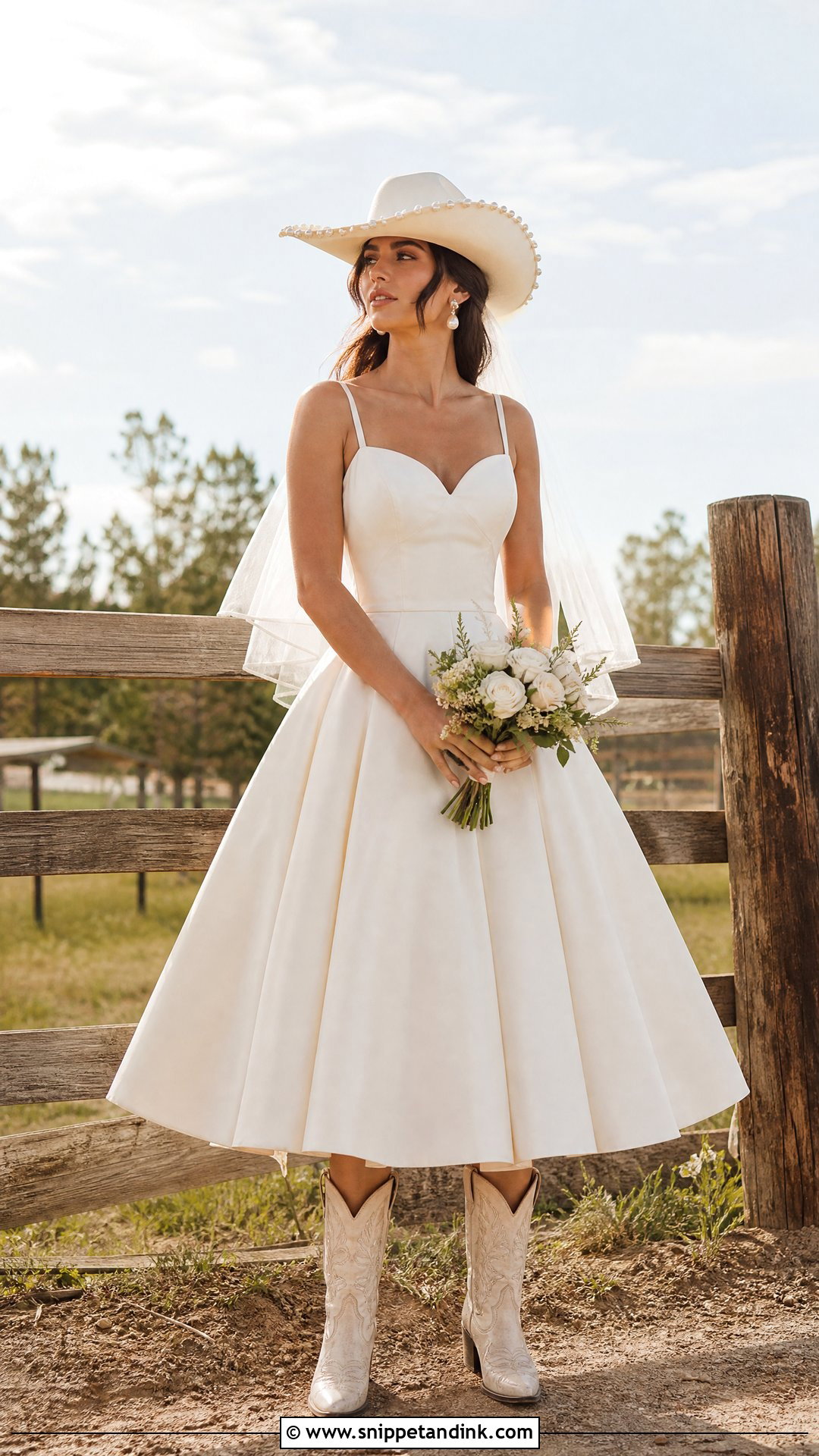 Wedding Cowgirl Hat With Tea Length Dress - Snippet and Ink - 20 Wedding Cowgirl Hat Ideas