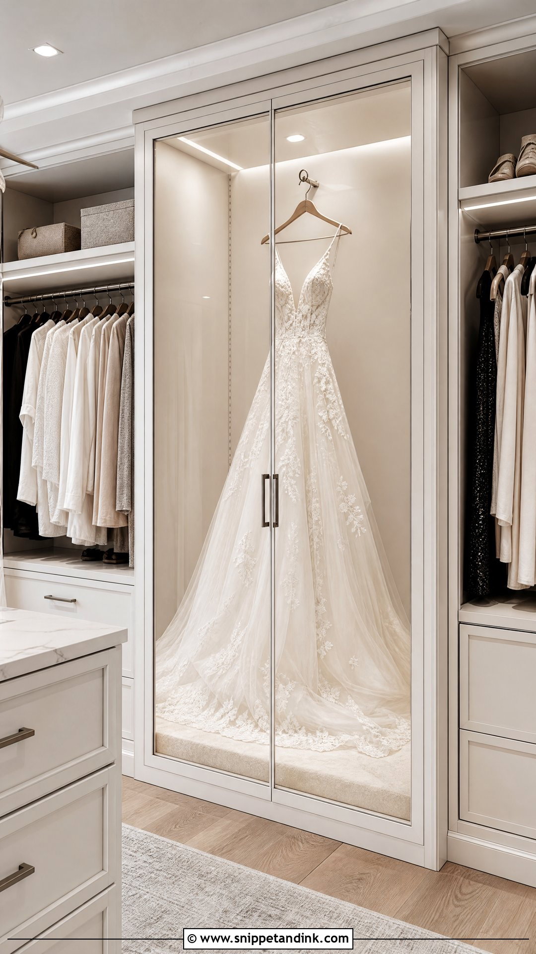 Wedding Dress Display Behind Glass Closet Doors - Snippet and Ink - 20 Wedding Dress Display in Closet Ideas