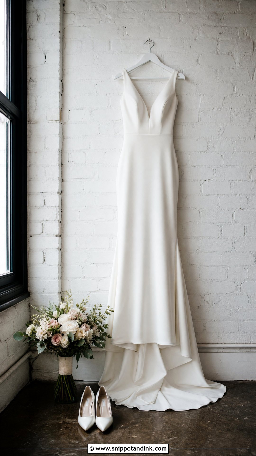 Wedding Dress Hanging Against A Brick Wall - Snippet and Ink - 20 Wedding Dress Hanging Ideas
