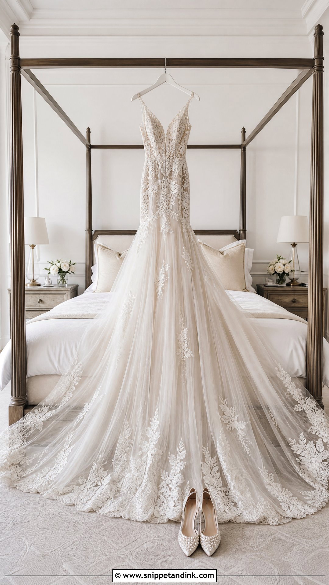 Wedding Dress Hanging From A Four Poster Bed - Snippet and Ink - 20 Wedding Dress Hanging Ideas