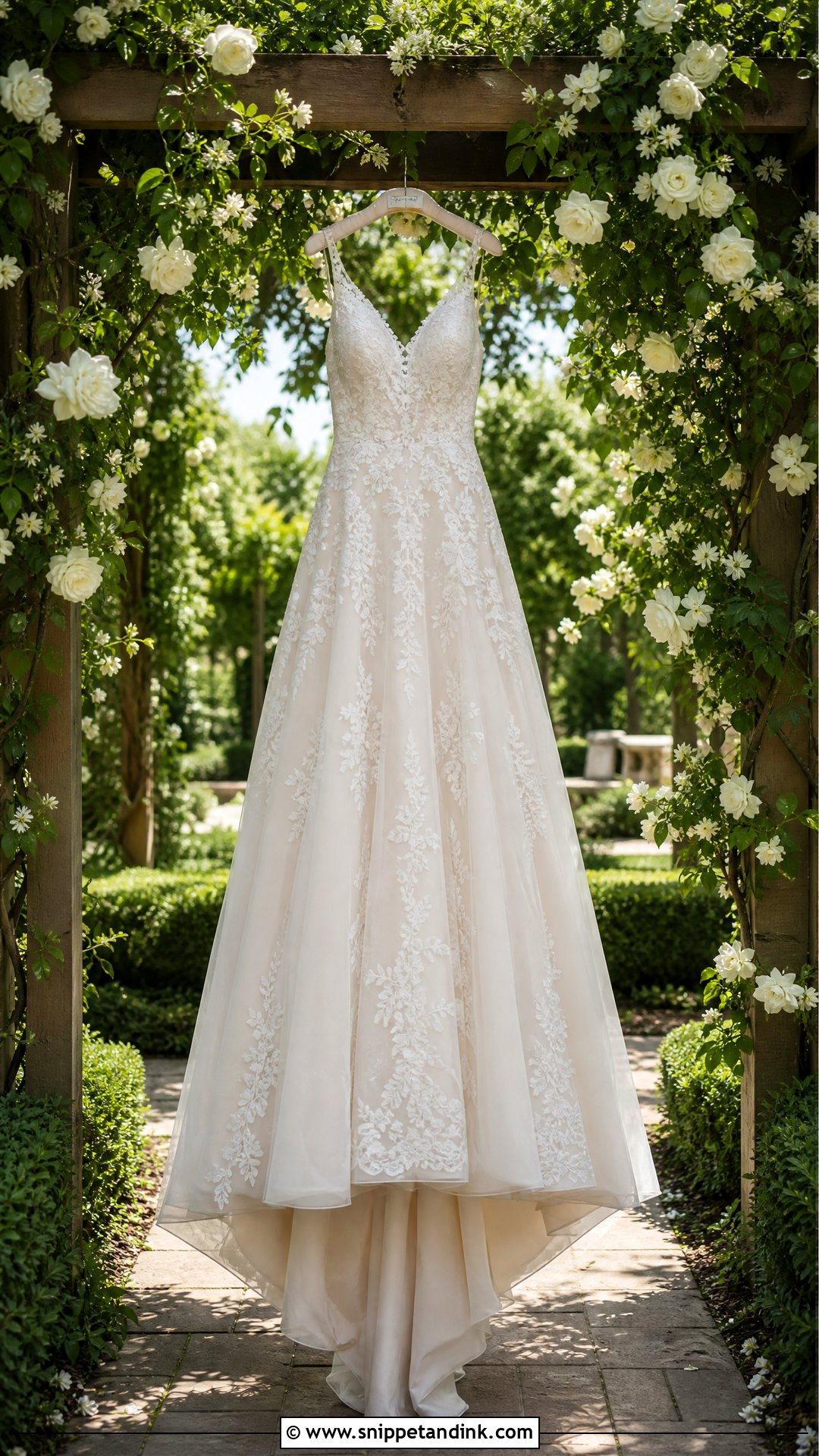 Wedding Dress Hanging From A Garden Arbor - Snippet and Ink - 20 Wedding Dress Hanging Ideas