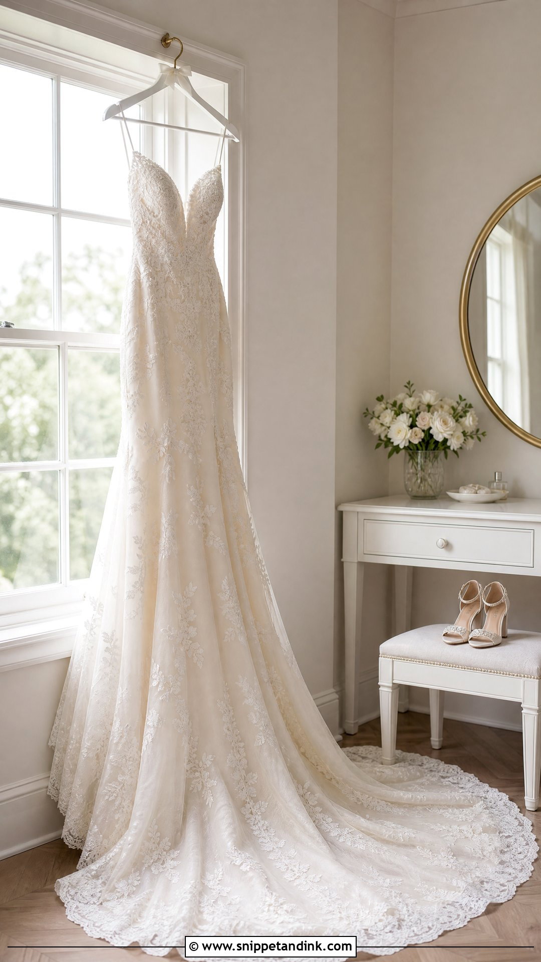 Wedding Dress Hanging In A Bridal Suite - Snippet and Ink - 20 Wedding Dress Hanging Ideas