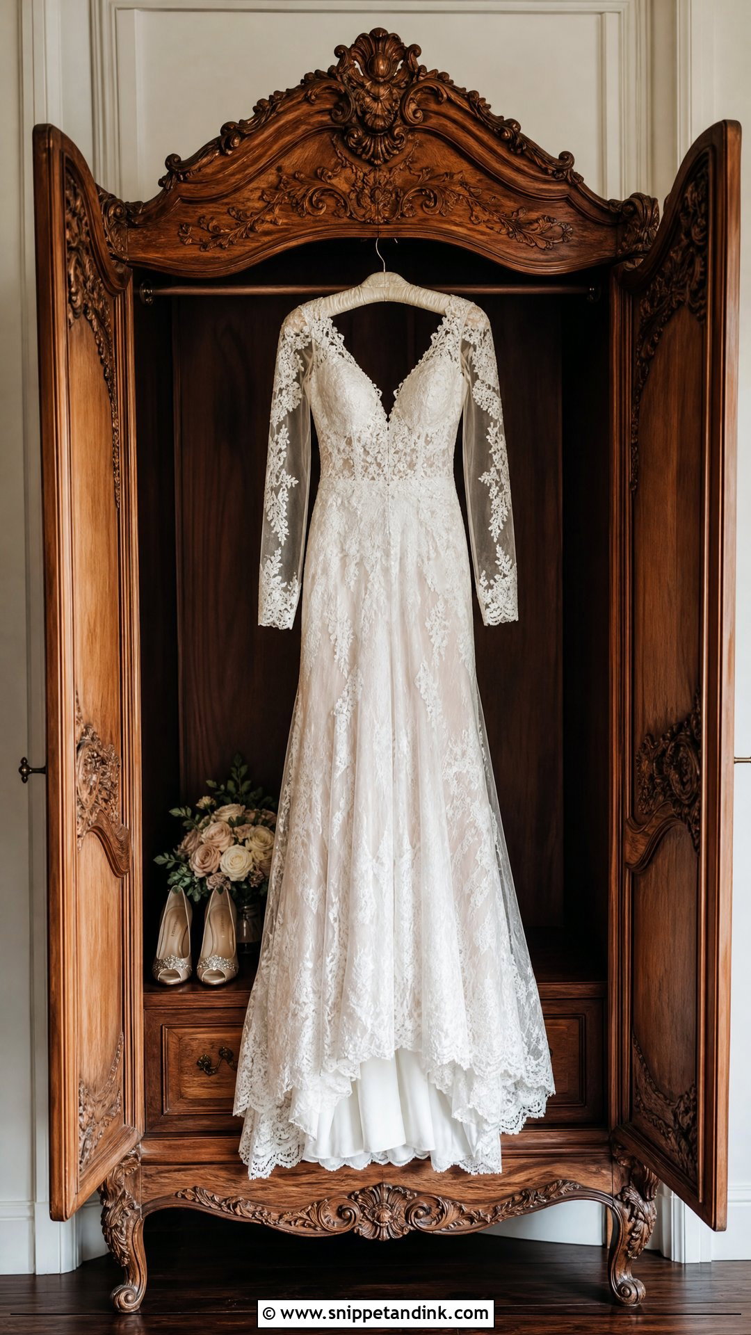 Wedding Dress Hanging Inside An Armoire - Snippet and Ink - 20 Wedding Dress Hanging Ideas