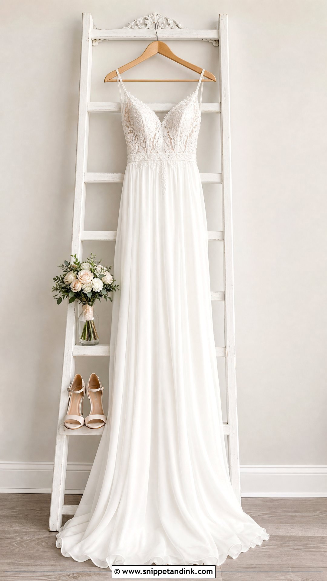Wedding Dress Hanging On A Decorative Ladder - Snippet and Ink - 20 Wedding Dress Hanging Ideas