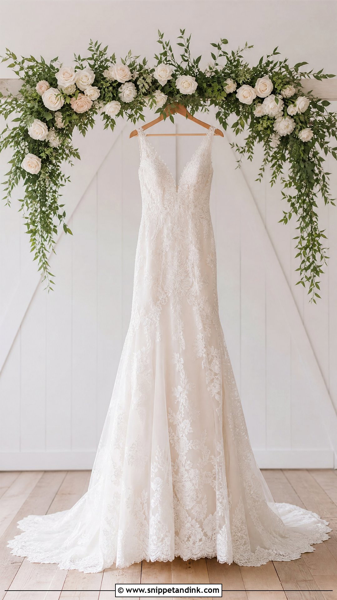 Wedding Dress Hanging With A Floral Garland - Snippet and Ink - 20 Wedding Dress Hanging Ideas