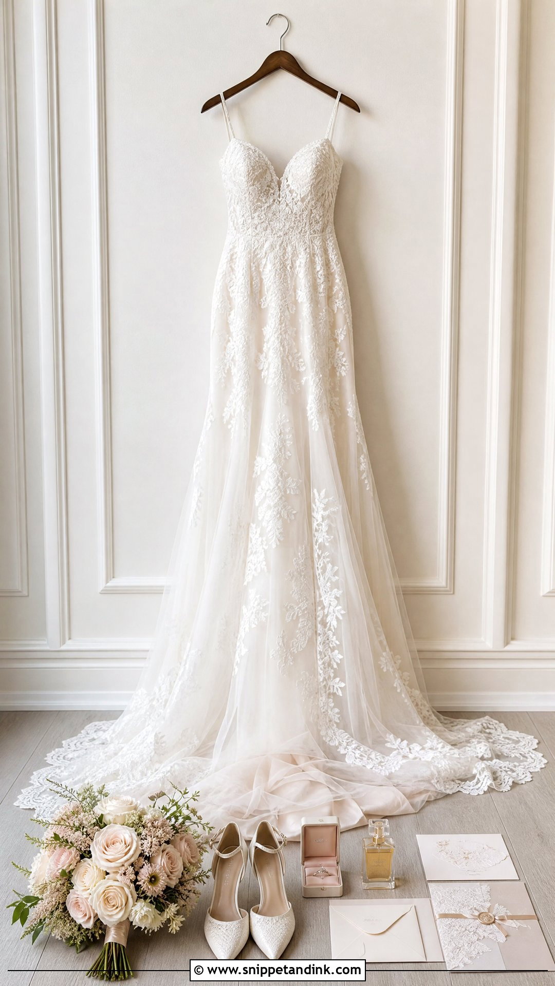 Wedding Dress Hanging With Bridal Accessories - Snippet and Ink - 20 Wedding Dress Hanging Ideas