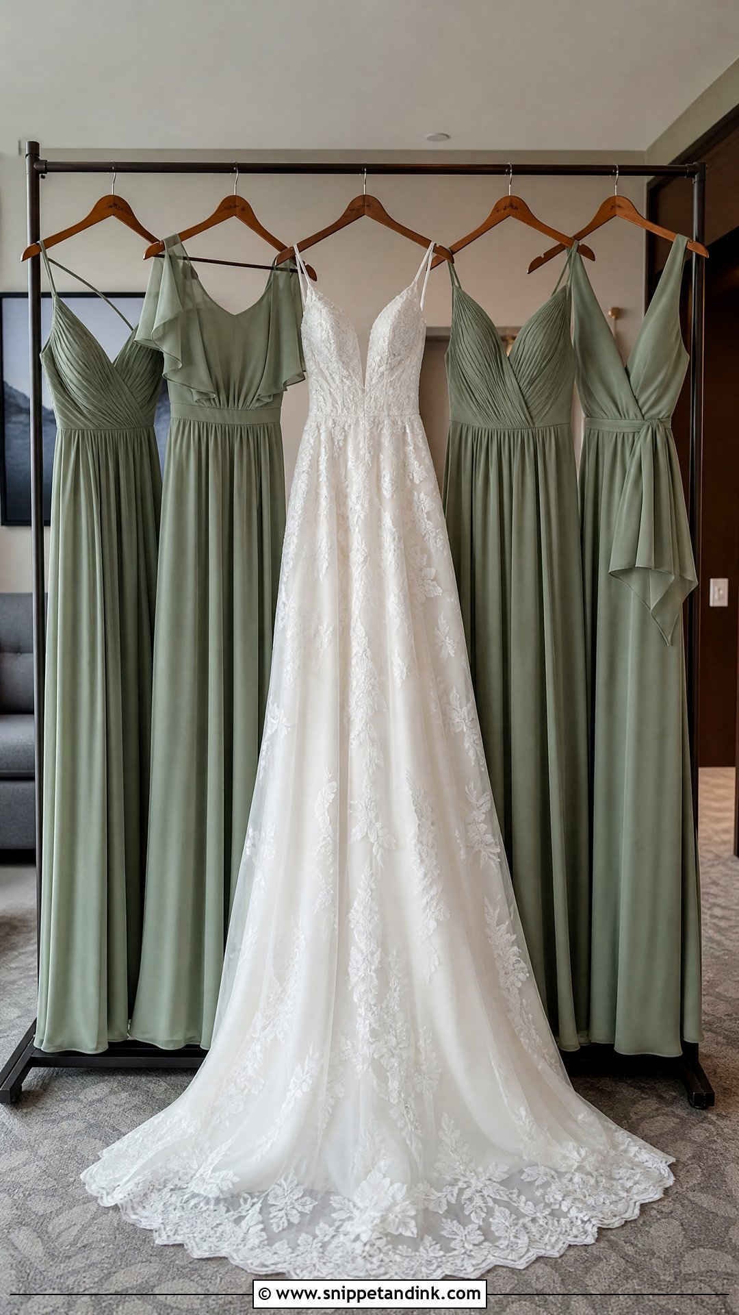Wedding Dress Hanging With Bridesmaid Dresses - Snippet and Ink - 20 Wedding Dress Hanging Ideas