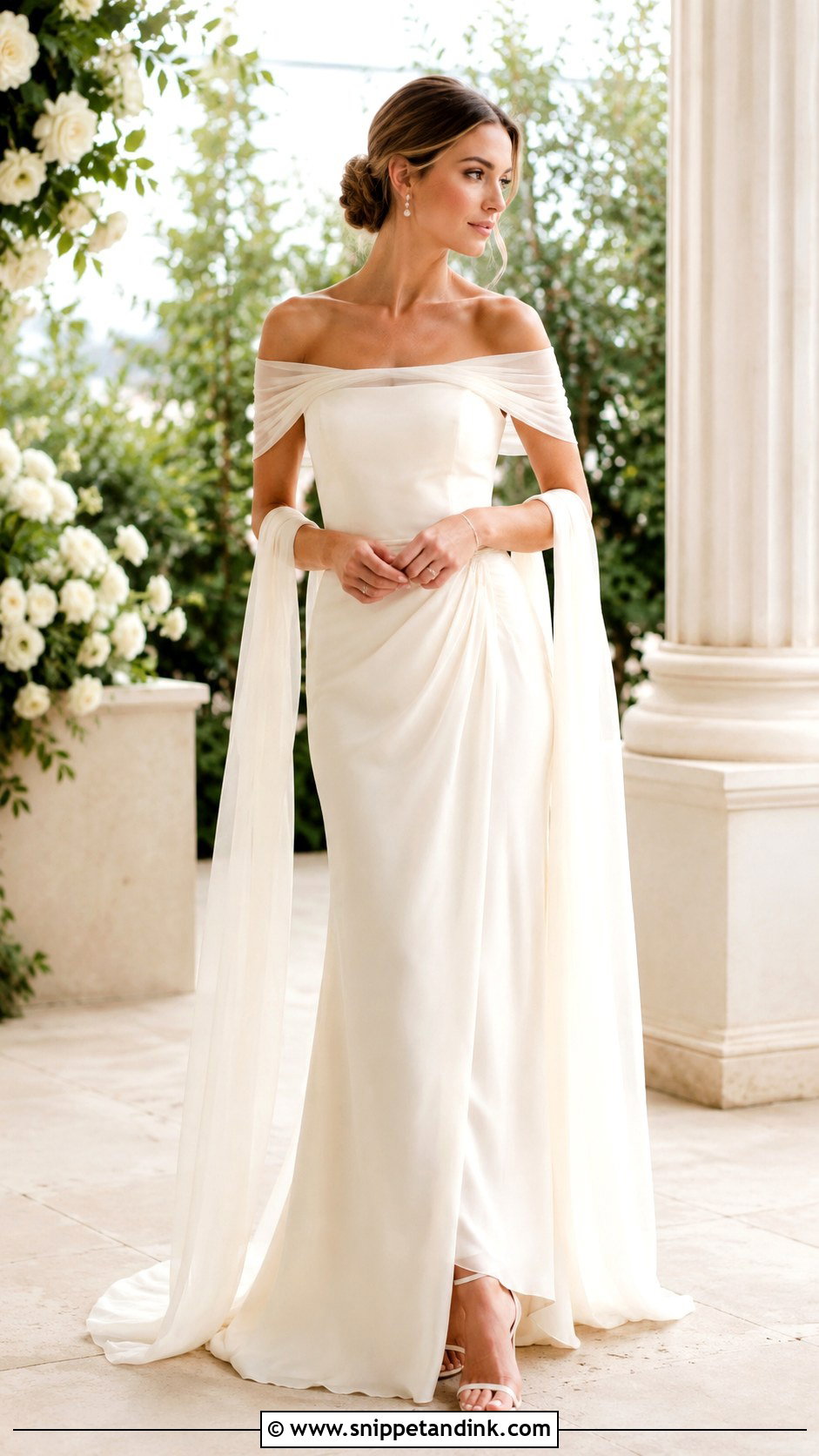 Wedding Dress Scarf With Off Shoulder Gown - Snippet and Ink - 25 Wedding Dress Scarf Ideas