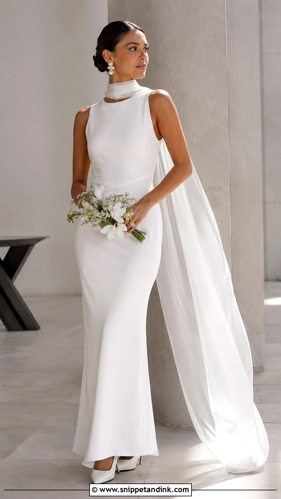 Wedding Dress Scarf With Simple Crepe Gown - Snippet and Ink - 25 Wedding Dress Scarf Ideas