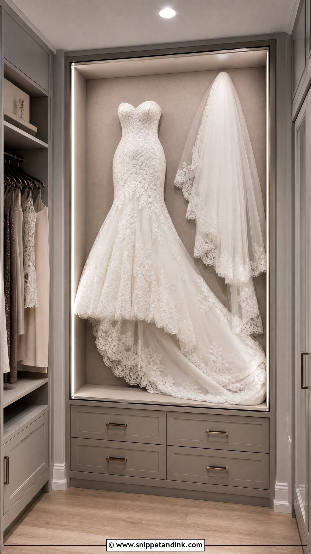 Wedding Dress Shadow Box in Walk In Closet - Snippet and Ink - 20 Wedding Dress Display in Closet Ideas