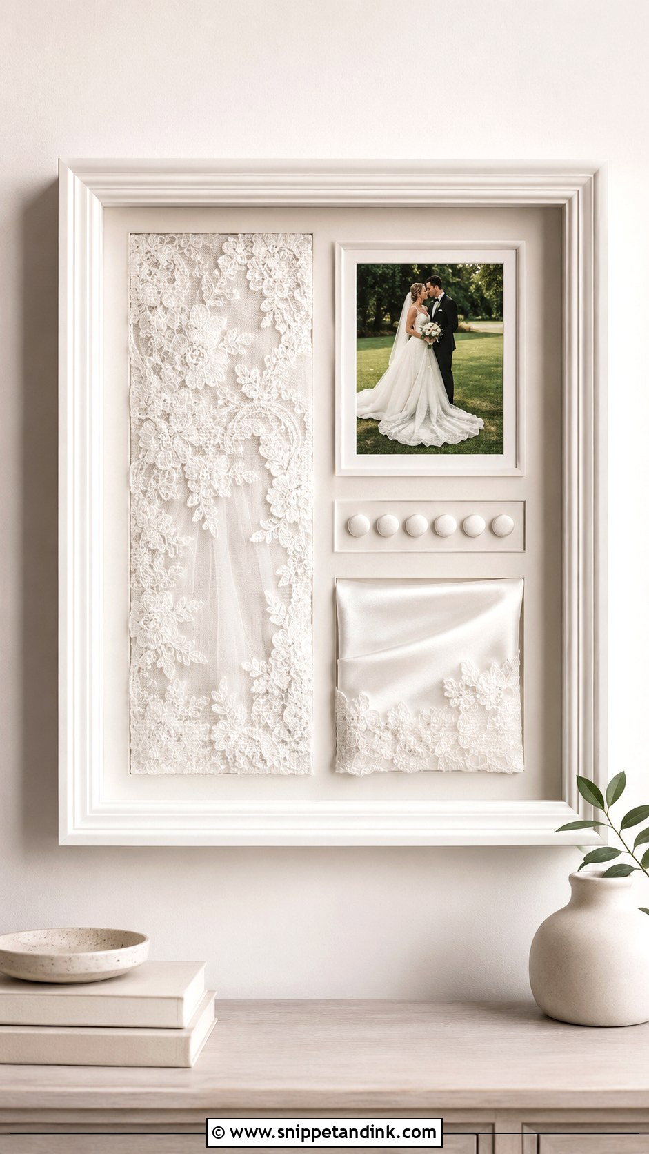 Wedding Dress Shadow Box - Snippet and Ink - 25 Repurpose Wedding Dress Ideas