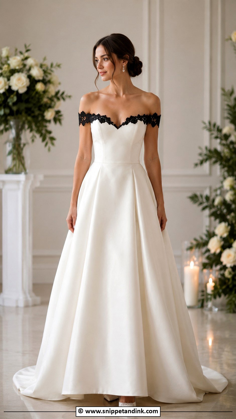 Wedding Dress With Black Off Shoulder Detail - Snippet and Ink - 25 Wedding Dress with Black Accents Ideas