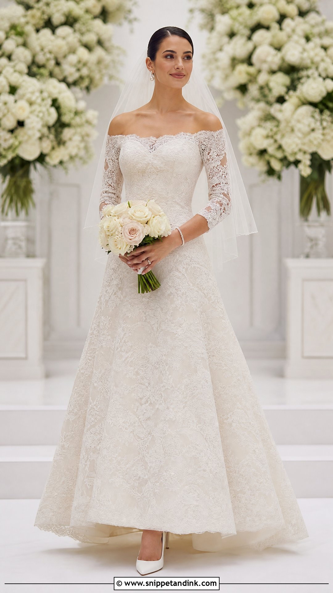 Wedding Dress With Three Quarter Off Shoulder Sleeves - Snippet and Ink - 20 Wedding Dress with Sleeves Off Shoulder