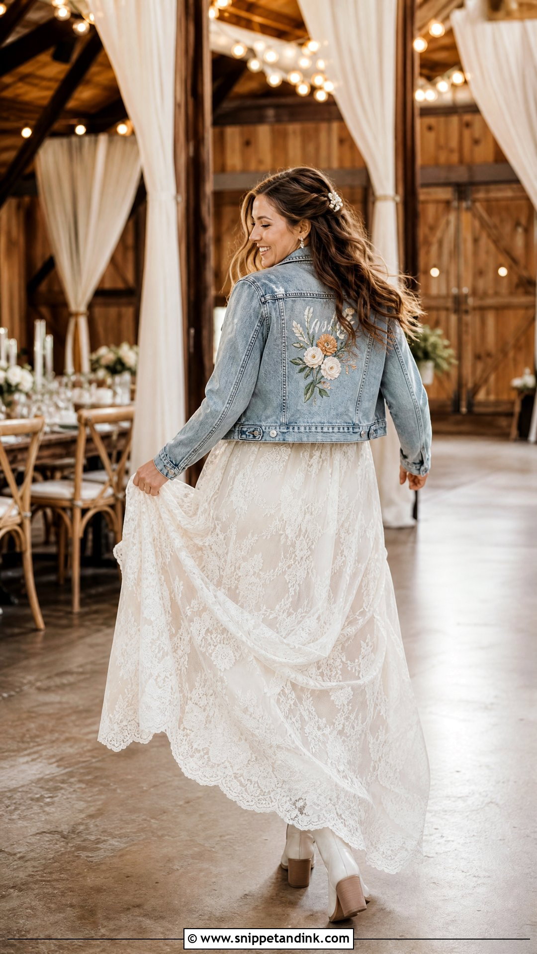 Wedding Dress with Embroidered Denim Jacket - Snippet and Ink - 20 Wedding Dress with Jacket Outfit Ideas
