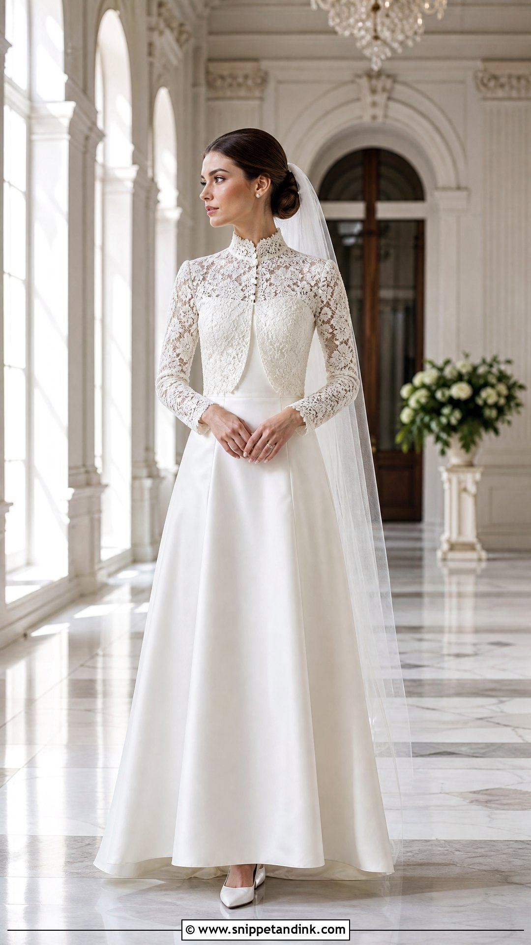 Wedding Dress with High Neck Lace Jacket - Snippet and Ink - 20 Wedding Dress with Jacket Outfit Ideas