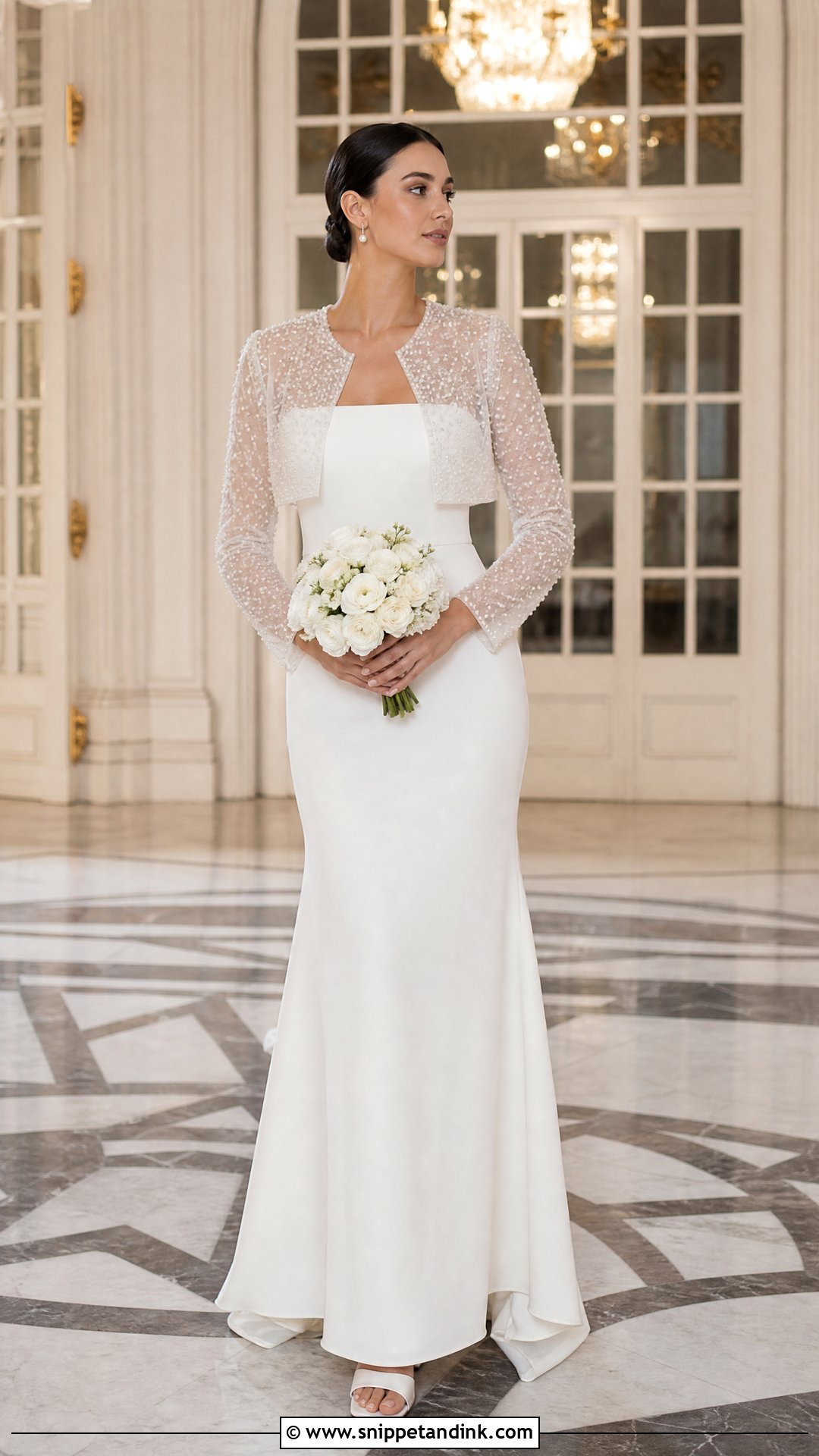 Wedding Dress with Pearl Embellished Jacket - Snippet and Ink - 20 Wedding Dress with Jacket Outfit Ideas
