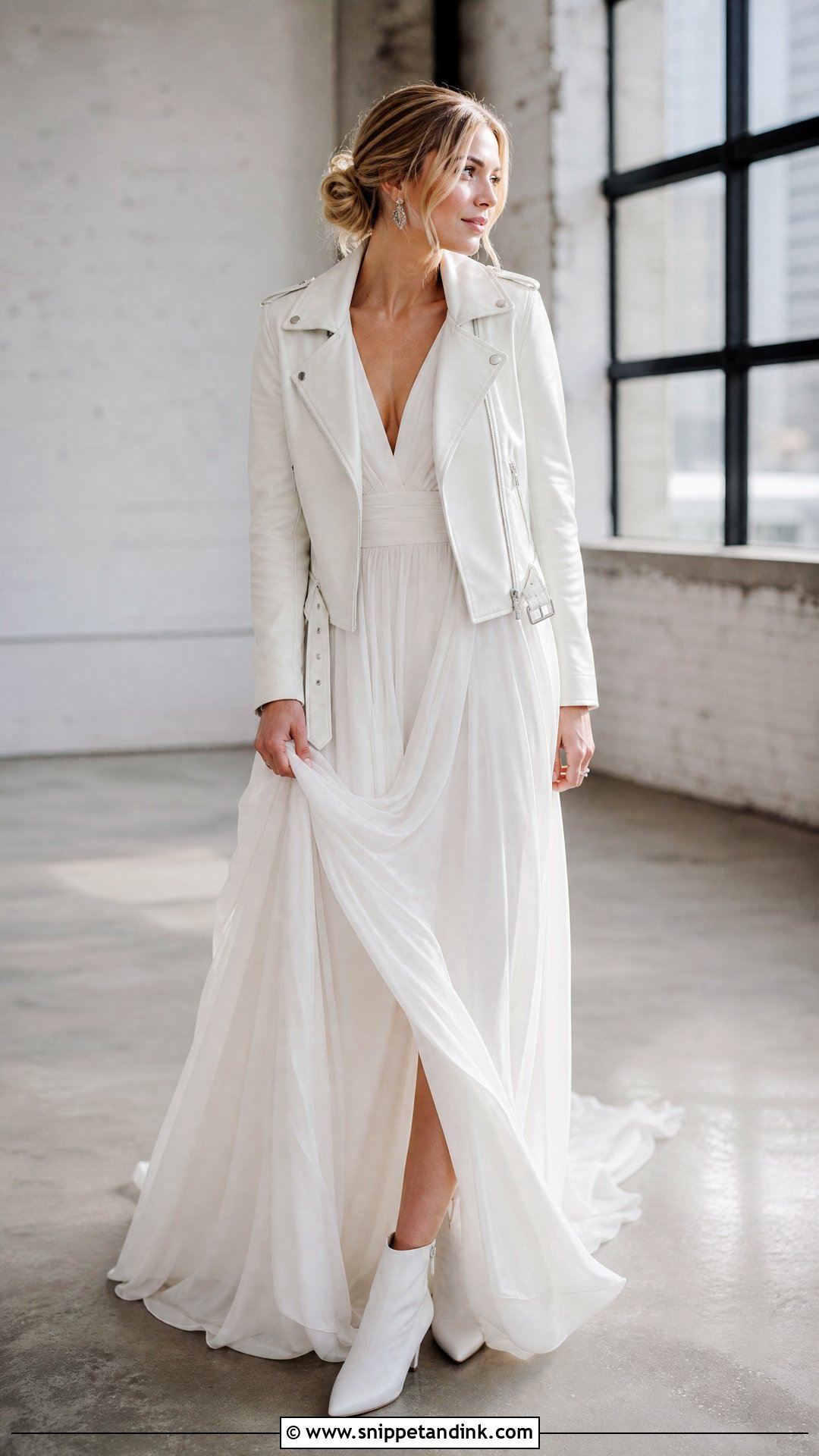 Wedding Dress with White Leather Jacket - Snippet and Ink - 20 Wedding Dress with Jacket Outfit Ideas