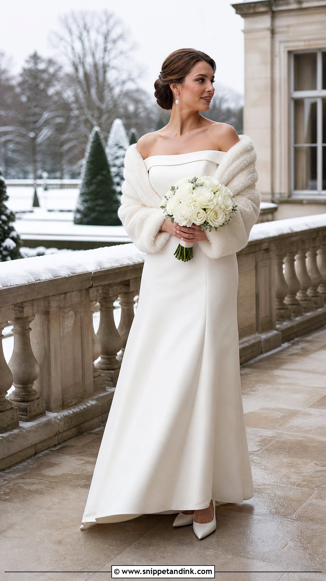 Wedding Fur Shrug With Off Shoulder Dress - Snippet and Ink - 20 Wedding Fur Ideas
