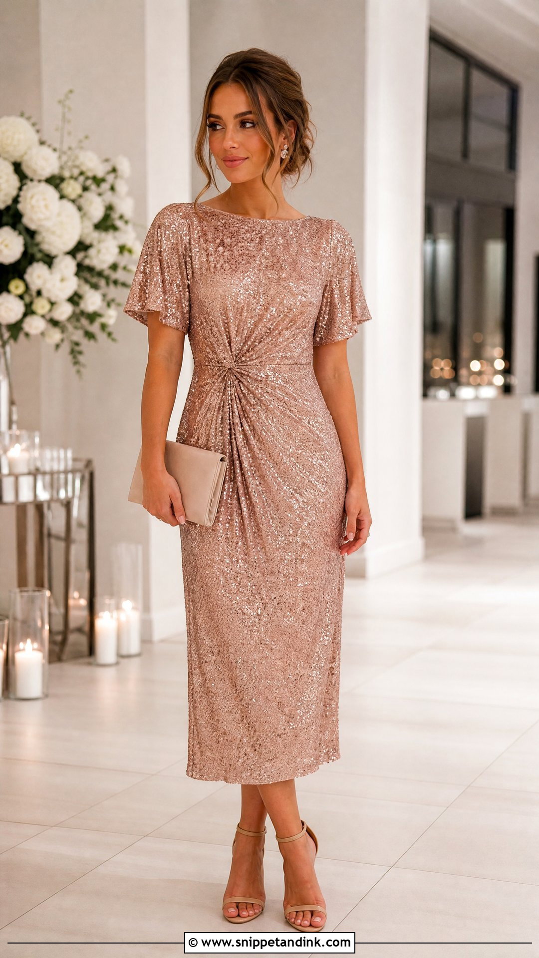 Wedding Guest Sequin Midi Dress - Snippet and Ink - 25 Wedding Outfit Ideas for Women