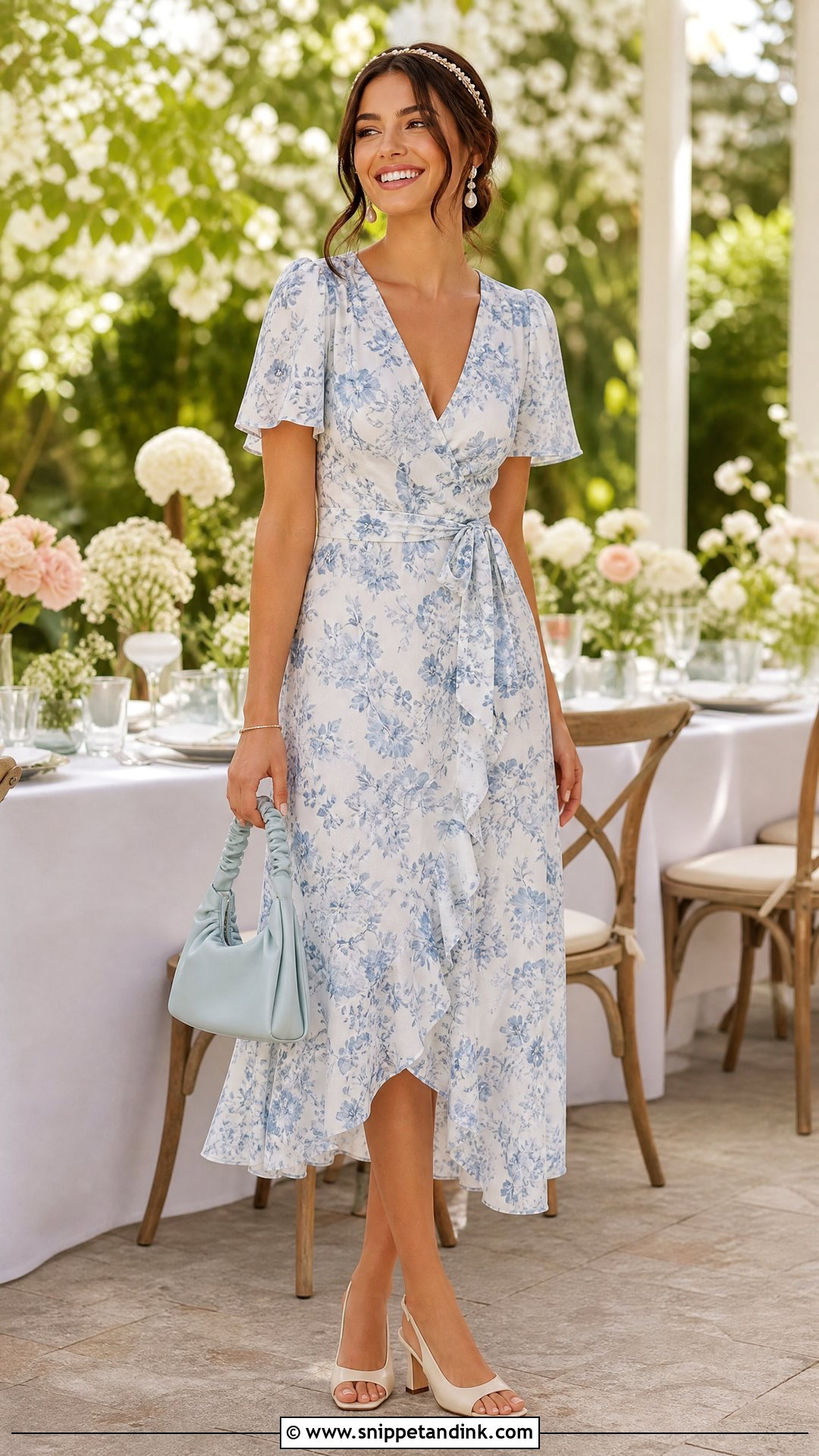 Wedding Week Bridal Shower Floral Midi Dress Outfit - Snippet and Ink - 20 Wedding Week Outfits