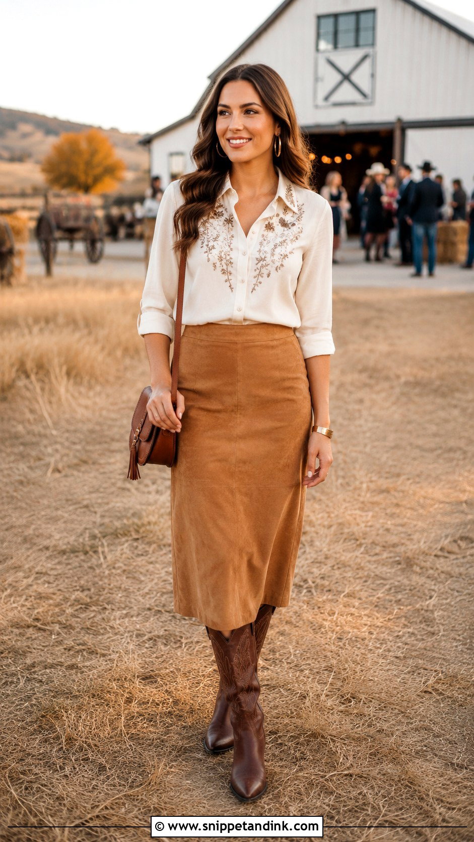 Western Blouse With Suede Midi Skirt - Snippet and Ink - 20 Western Wedding Attire Ideas