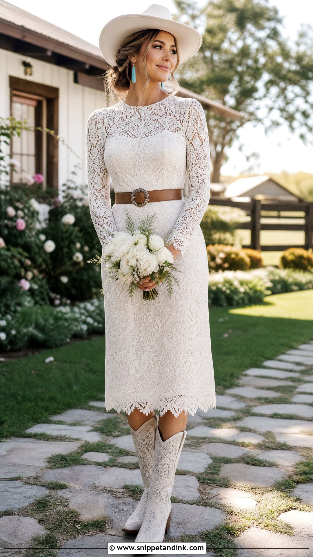 Western Bridal Crochet Lace Midi Dress - Snippet and Ink - 20 Western Bridal Outfit Ideas