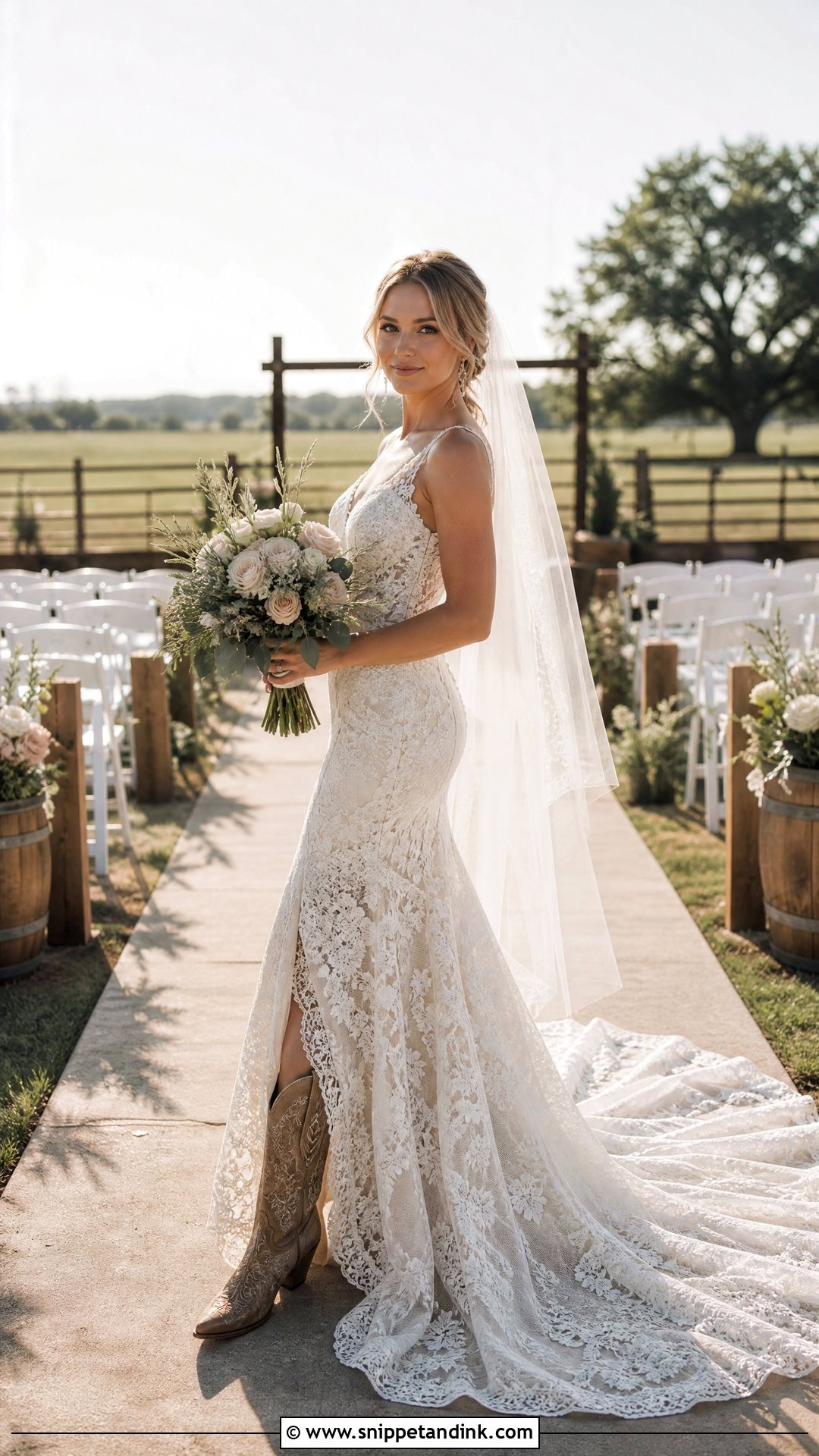 Western Bridal Dress With Floral Lace Train - Snippet and Ink - 25 Western Bridal Dresses