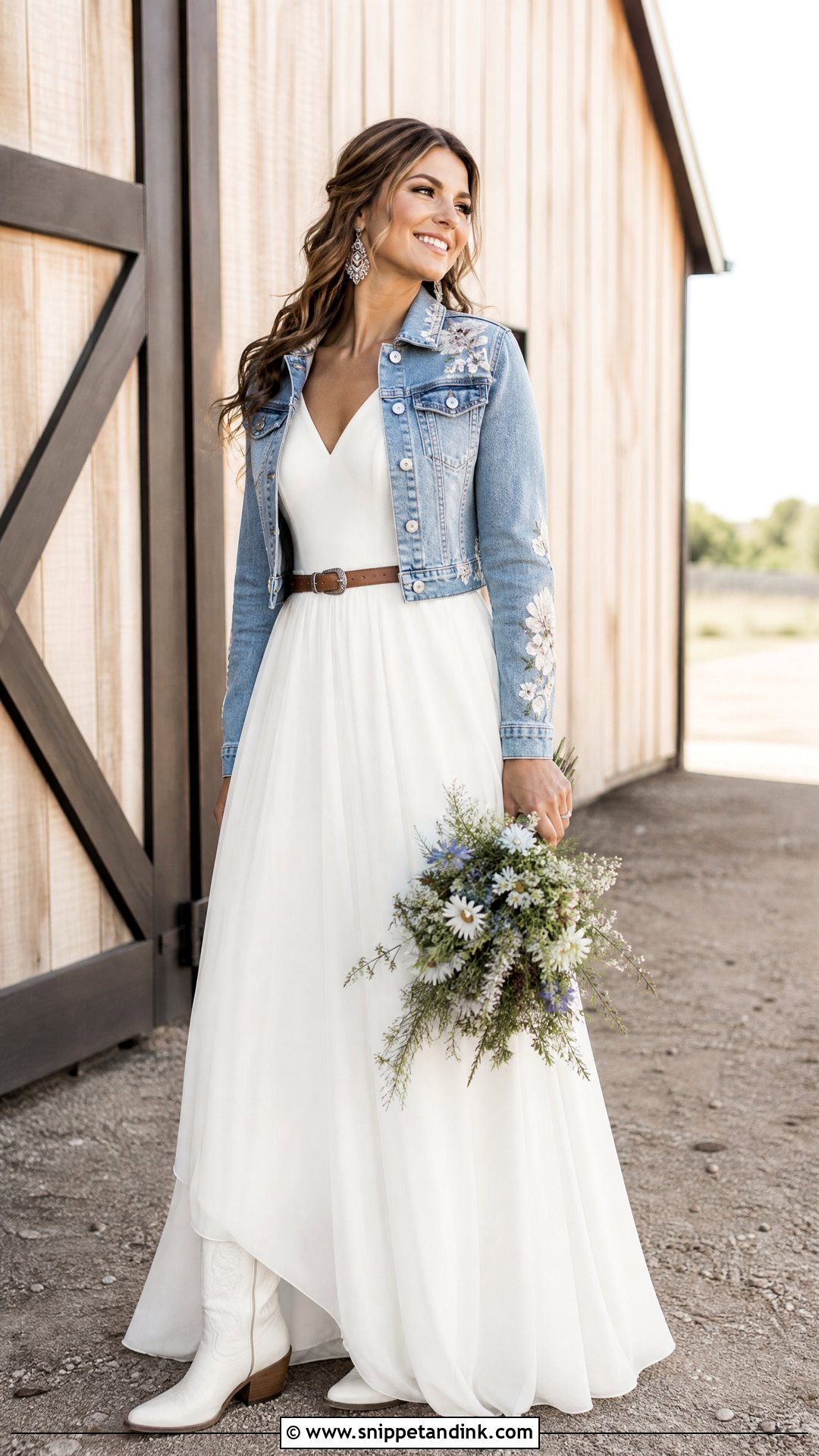Western Bridal Gown With Denim Jacket - Snippet and Ink - 20 Western Bridal Outfit Ideas