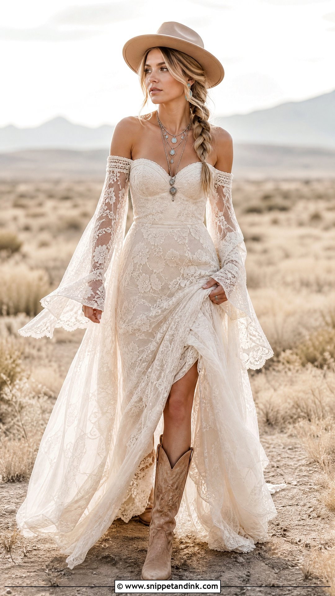 Western Bridal Off Shoulder Boho Gown - Snippet and Ink - 20 Western Bridal Outfit Ideas