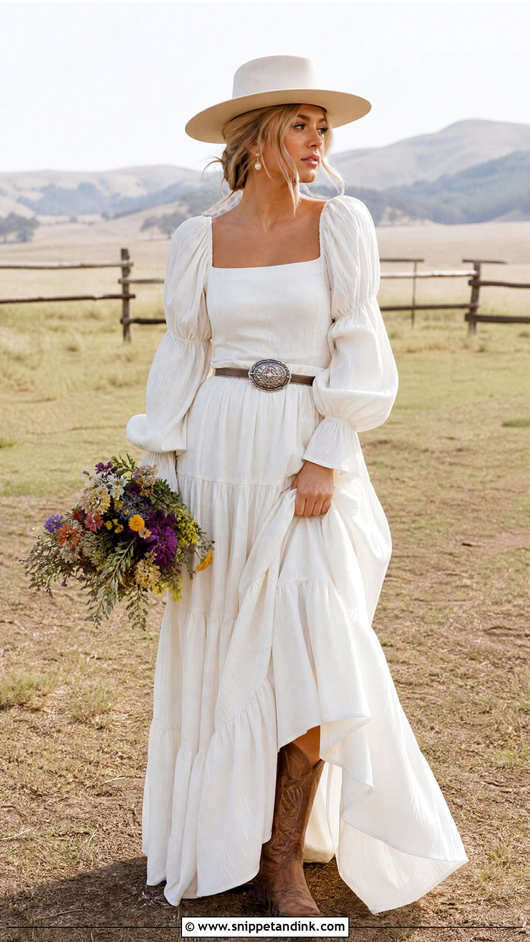 Western Bridal Puff Sleeve Prairie Dress - Snippet and Ink - 20 Western Bridal Outfit Ideas