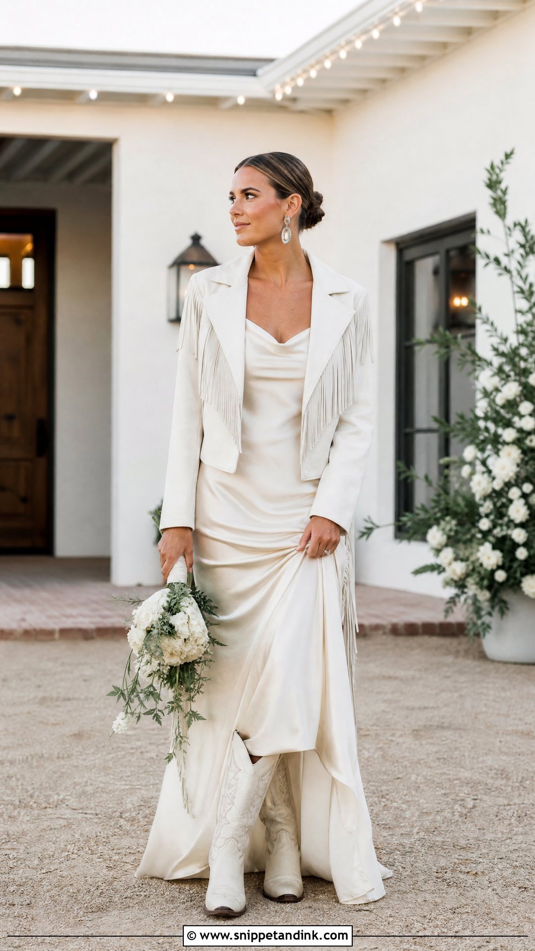 Western Bridal Satin Slip Dress With Fringe Jacket - Snippet and Ink - 20 Western Bridal Outfit Ideas