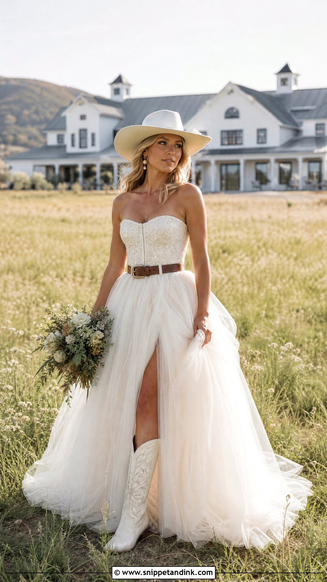 Western Bridal Tulle Ball Gown With Hat - Snippet and Ink - 20 Western Bridal Outfit Ideas