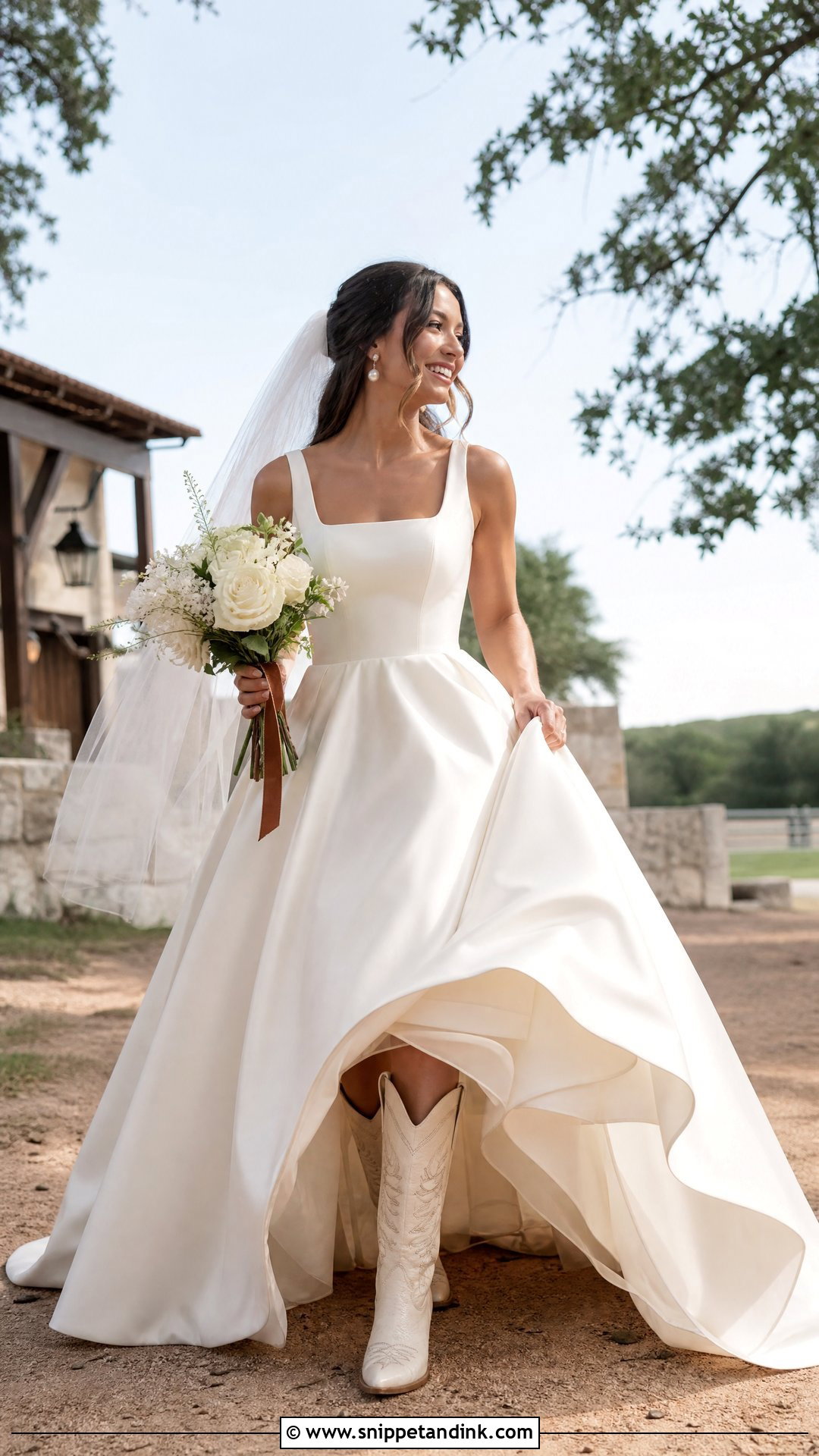 Western Bride Ball Gown With White Boots - Snippet and Ink - 20 Western Bride Outfit Ideas
