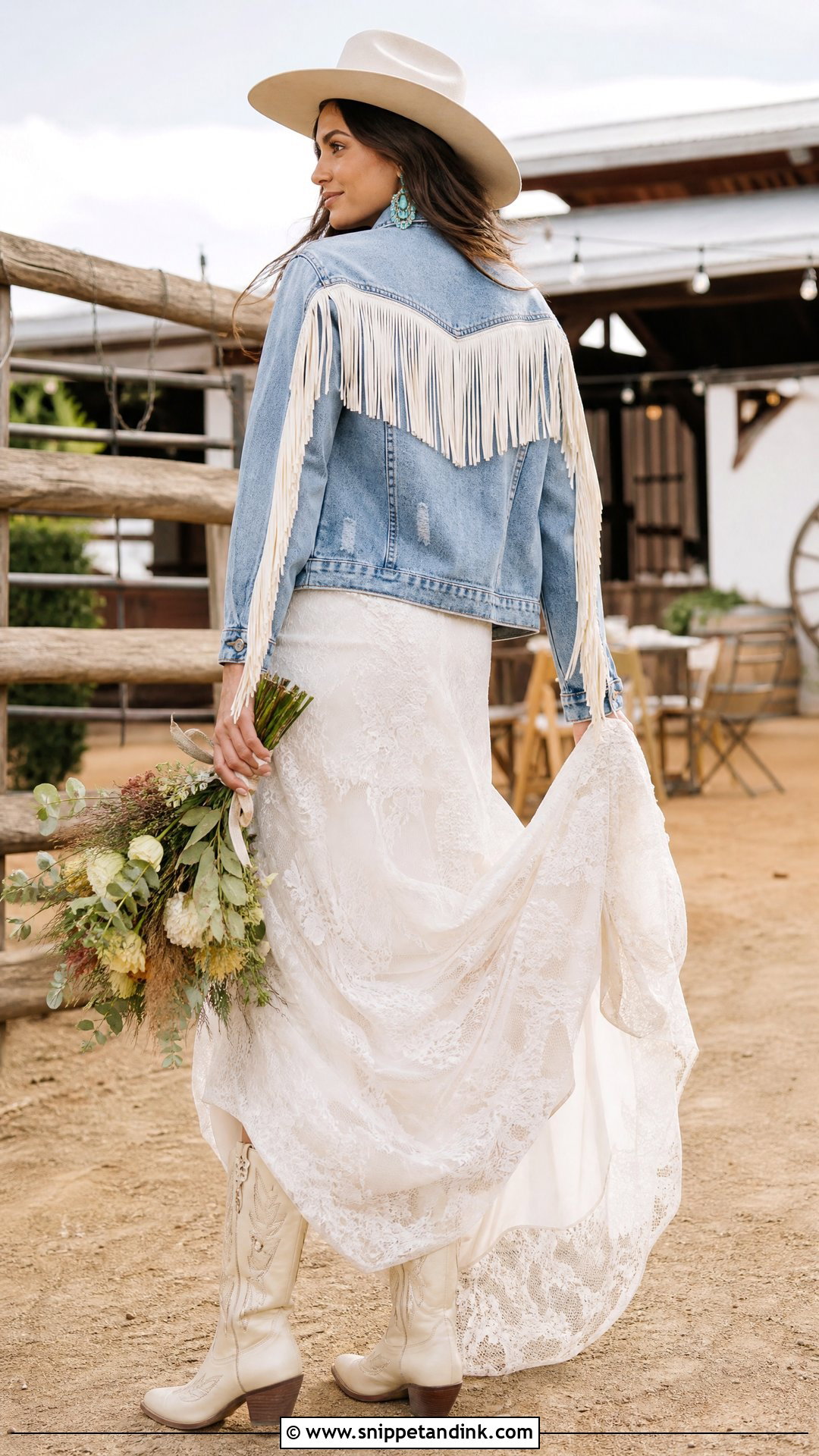 Western Bride Denim Jacket With Wedding Dress And Boots - Snippet and Ink - 20 Bride Denim Jacket Ideas
