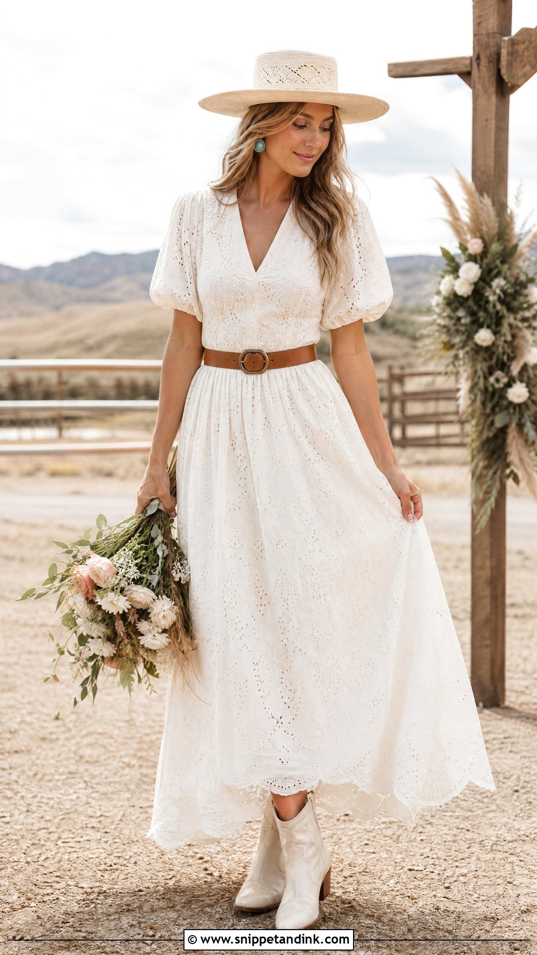 Western Bride Eyelet Dress With Short Cowboy Boots - Snippet and Ink - 20 Western Bride Outfit Ideas