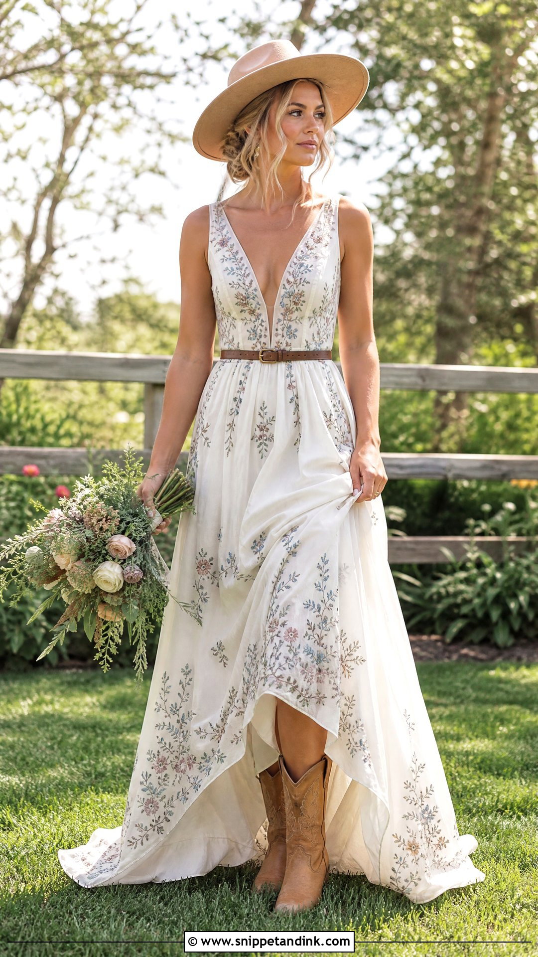 Western Bride Floral Embroidered Gown With Tan Boots - Snippet and Ink - 20 Western Bride Outfit Ideas