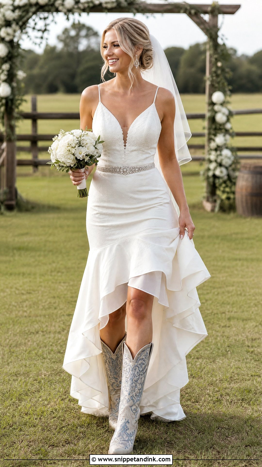 Western Bride High Low Dress With Cowboy Boots - Snippet and Ink - 20 Western Bride Outfit Ideas
