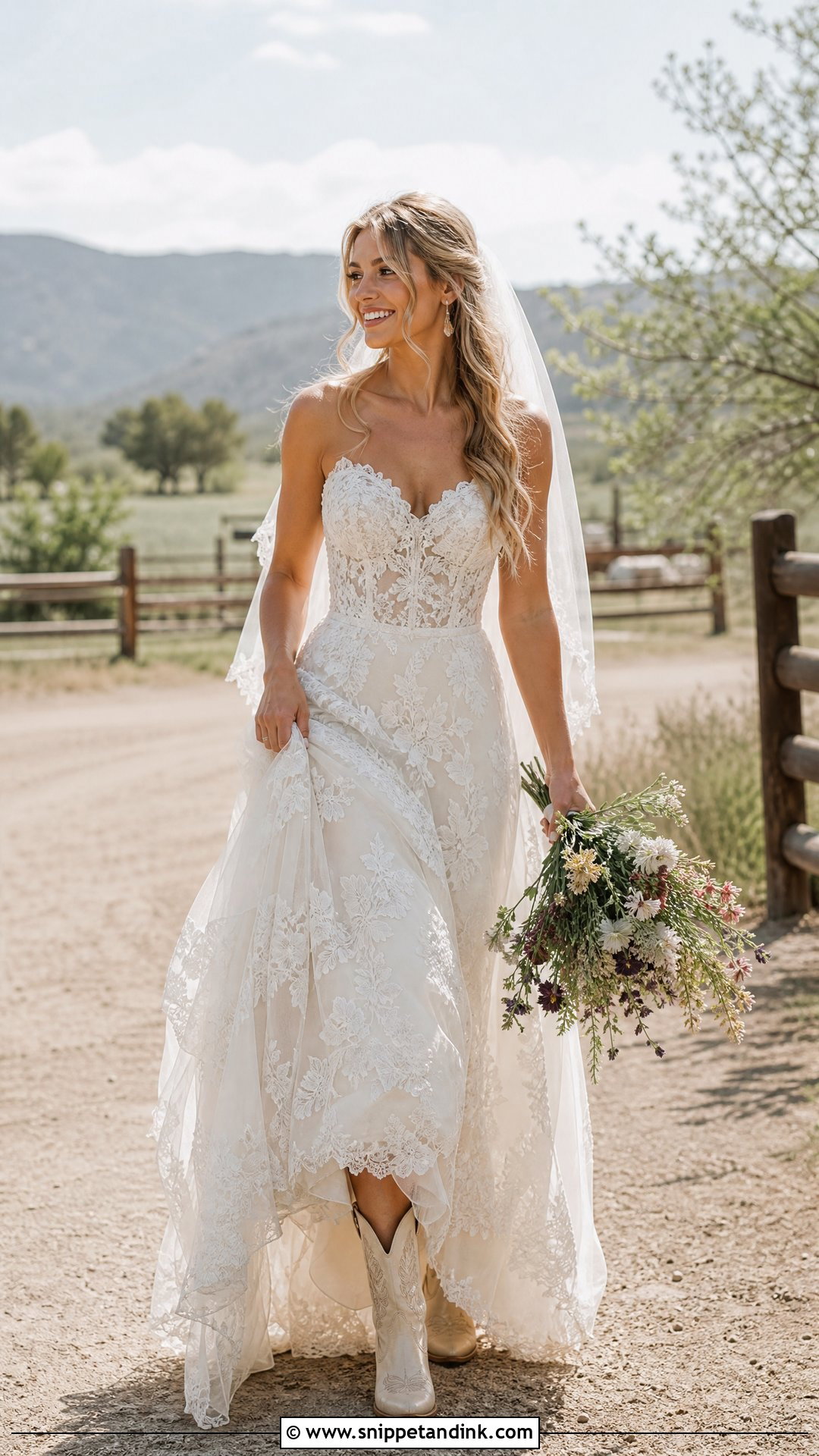 Western Bride Lace A Line Gown With Cowboy Boots - Snippet and Ink - 20 Western Bride Outfit Ideas