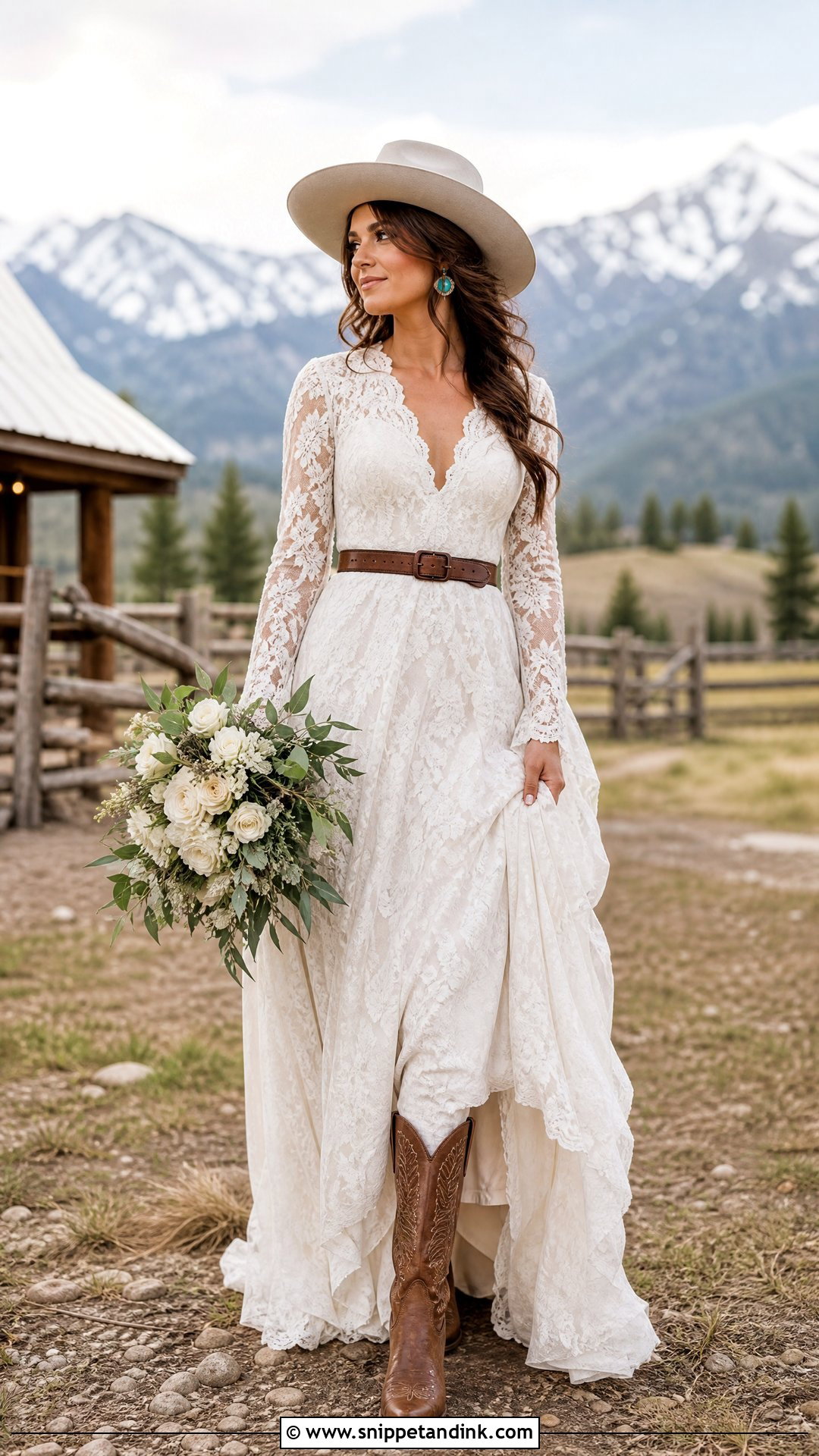 Western Bride Long Sleeve Lace Dress With Brown Boots - Snippet and Ink - 20 Western Bride Outfit Ideas