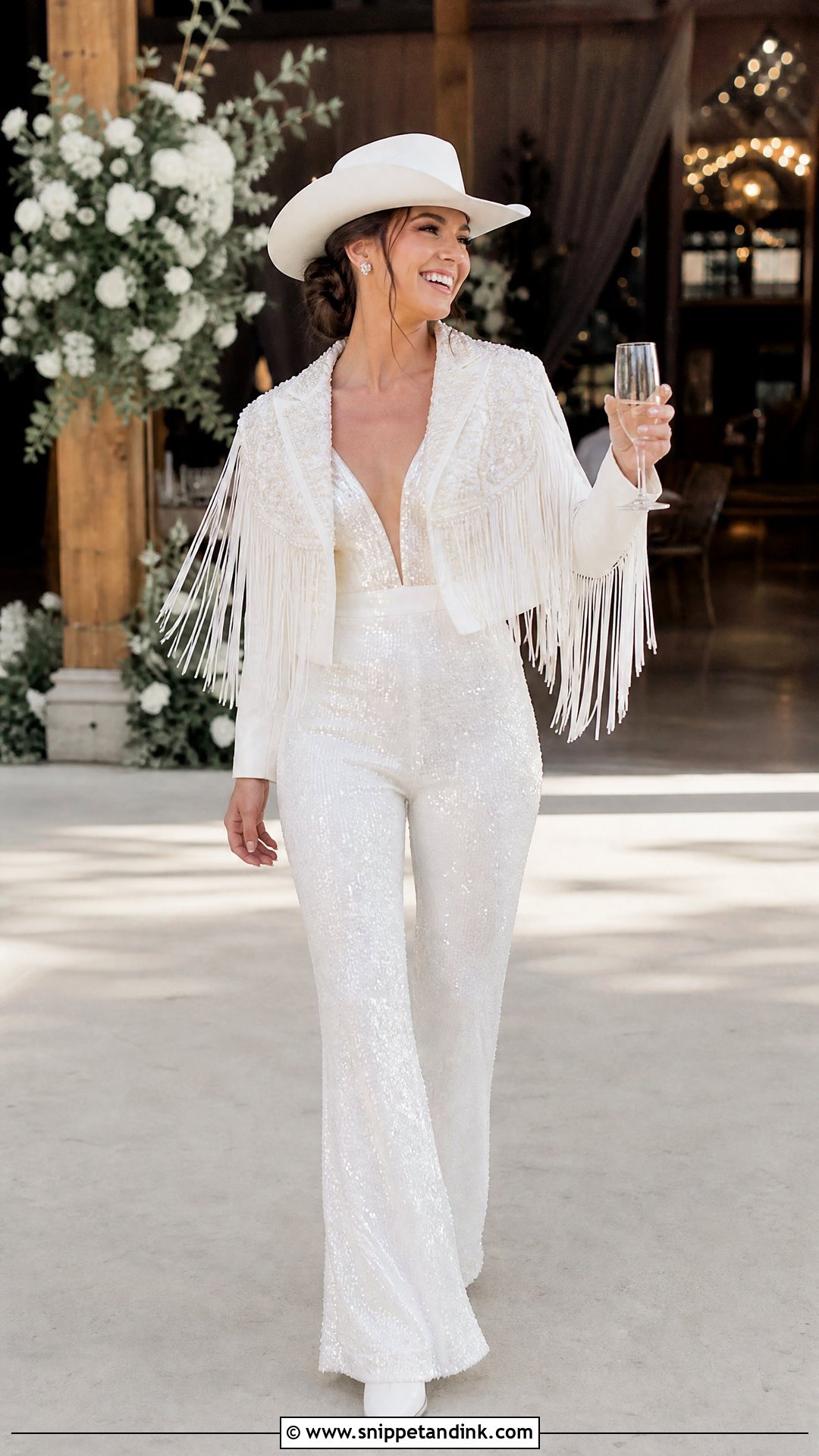 Western Bride Sequin Jumpsuit With Fringe Jacket - Snippet and Ink - 20 Western Bride Outfit Ideas