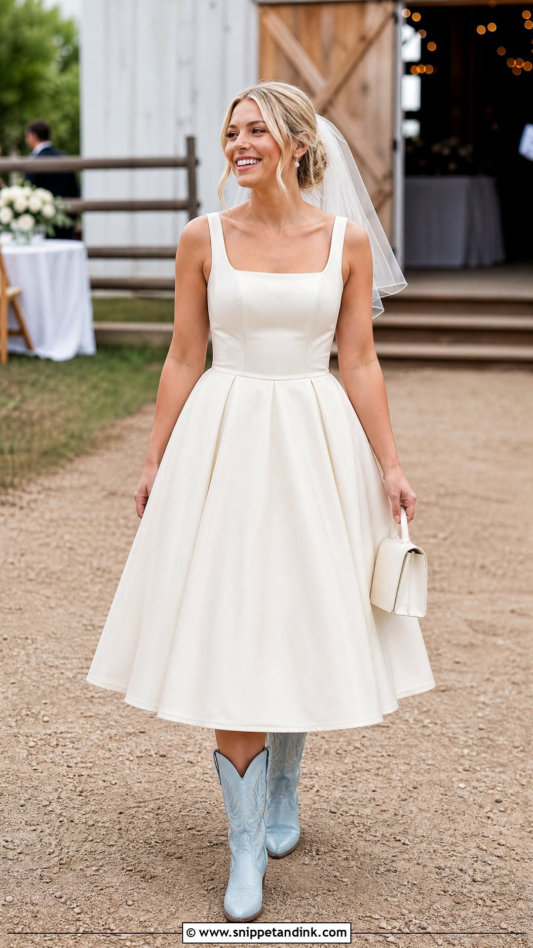 Western Bride Tea Length Dress With Embroidered Boots - Snippet and Ink - 20 Western Bride Outfit Ideas