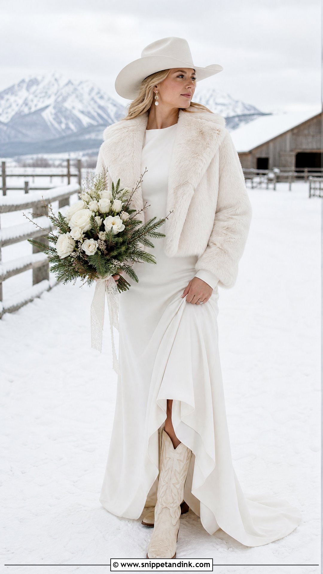 Western Bride Winter Gown With Faux Fur Coat - Snippet and Ink - 20 Western Bride Outfit Ideas