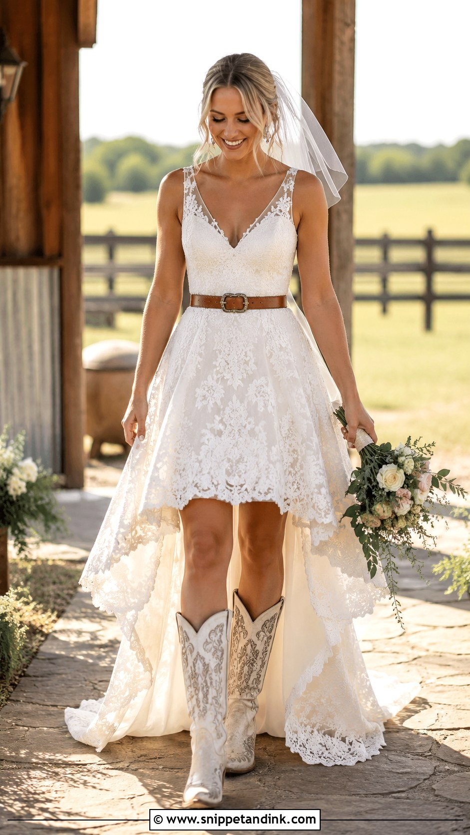 Western High Low Wedding Dress With Cowboy Boots - Snippet and Ink - 20 Western Bridal Ideas