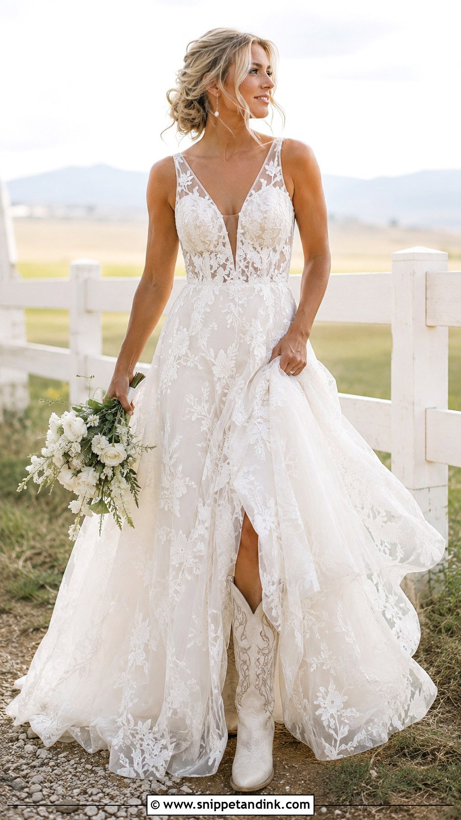 Western Lace Wedding Dress With Cowboy Boots - Snippet and Ink - 20 Western Bridal Ideas