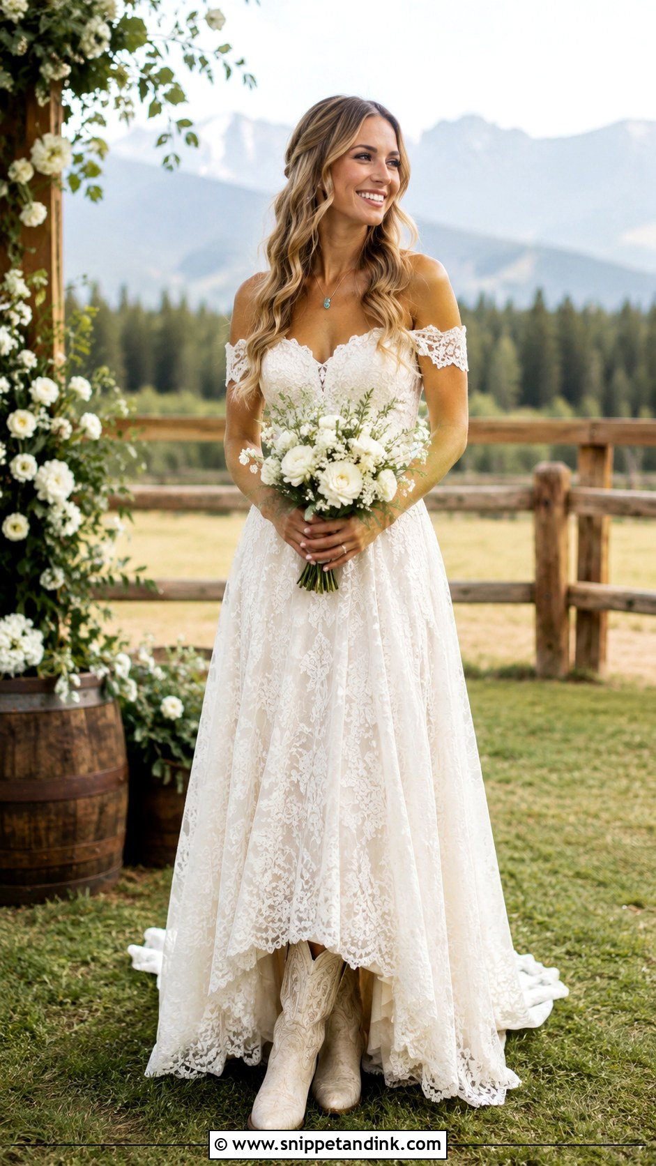 Western Off Shoulder Wedding Dress With Boots - Snippet and Ink - 20 Western Bridal Ideas