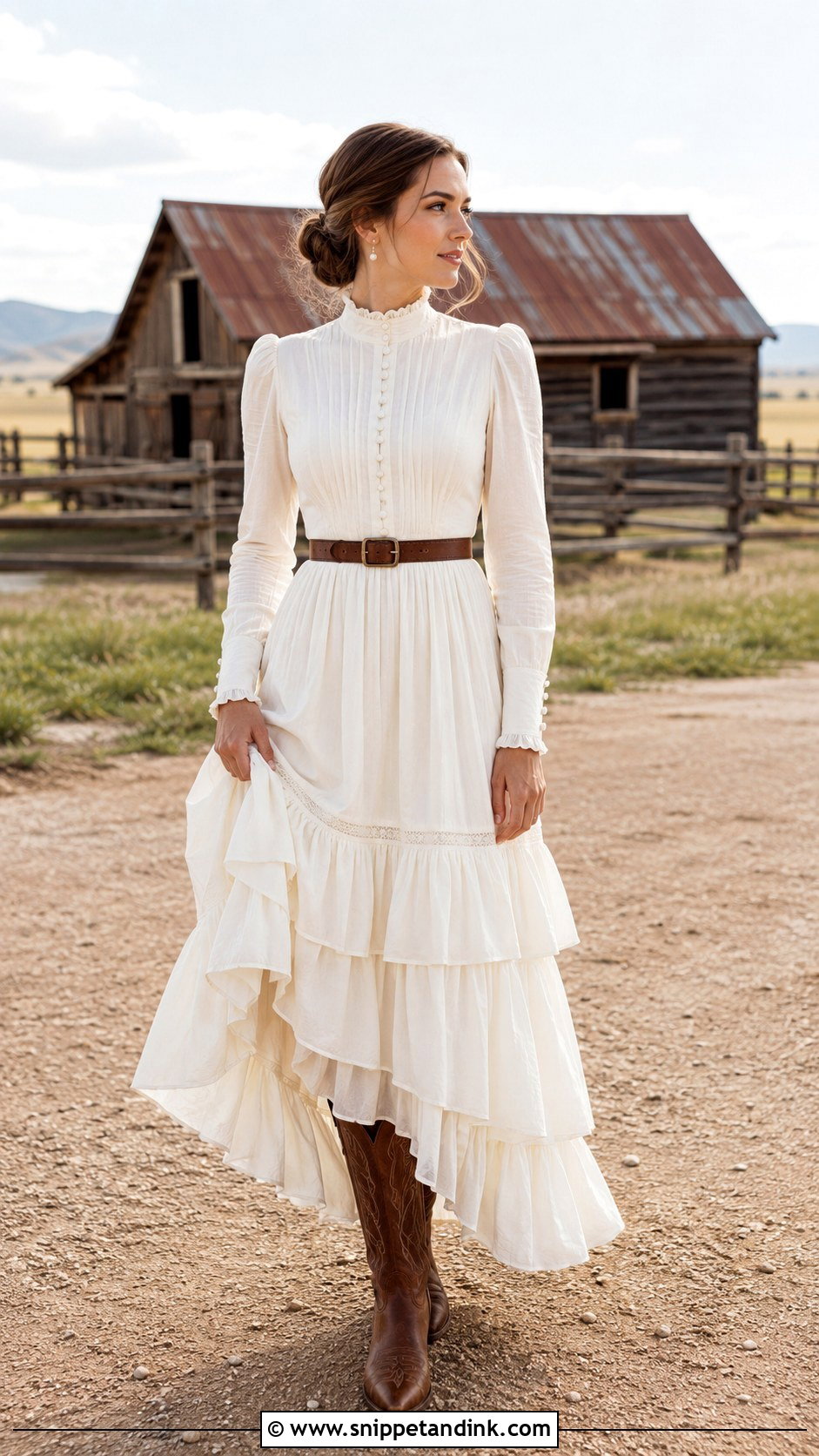 Western Prairie Wedding Dress With Brown Boots - Snippet and Ink - 20 Western Bridal Ideas