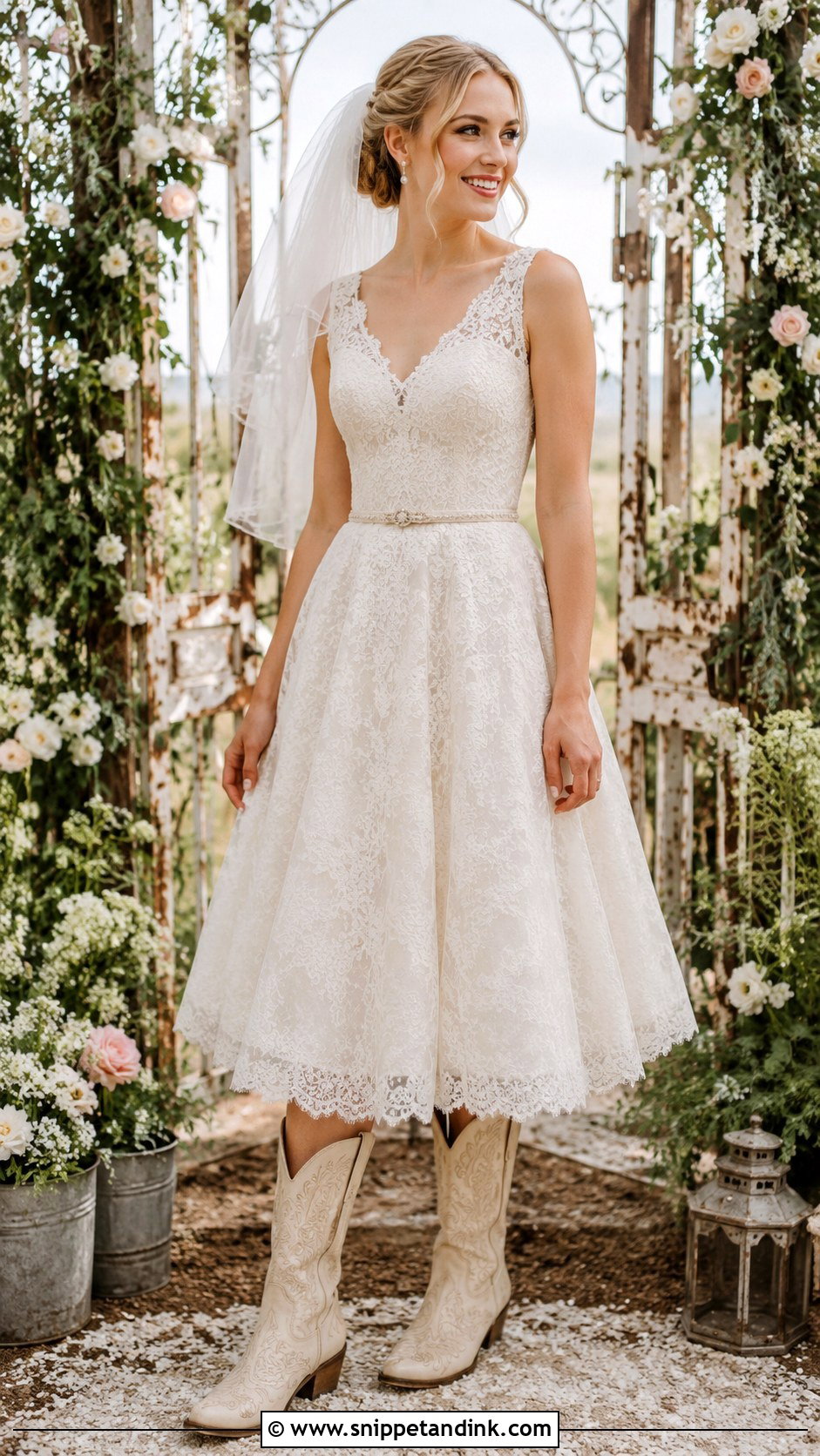 Western Tea Length Wedding Dress With Boots - Snippet and Ink - 20 Western Bridal Ideas