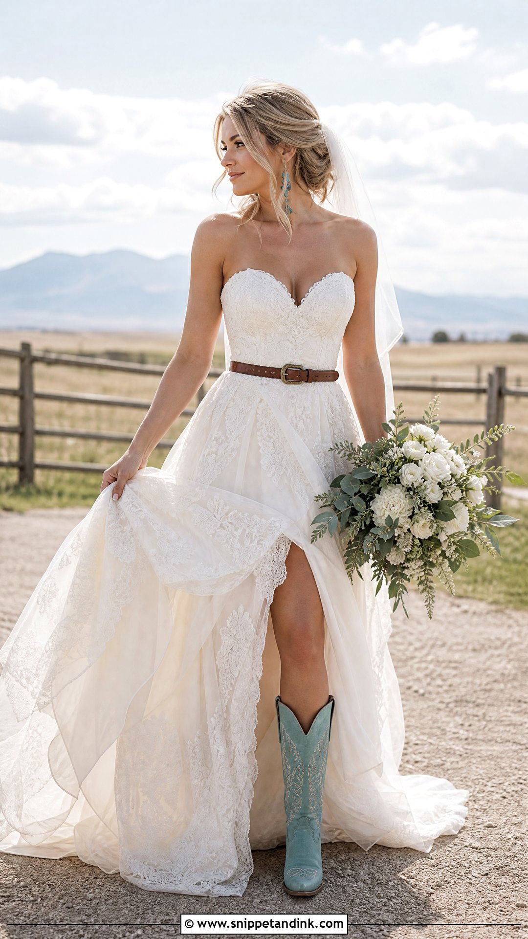 Western Wedding Gown With Turquoise Cowboy Boots - Snippet and Ink - 20 Wedding Cowboy Boots for Bride Ideas