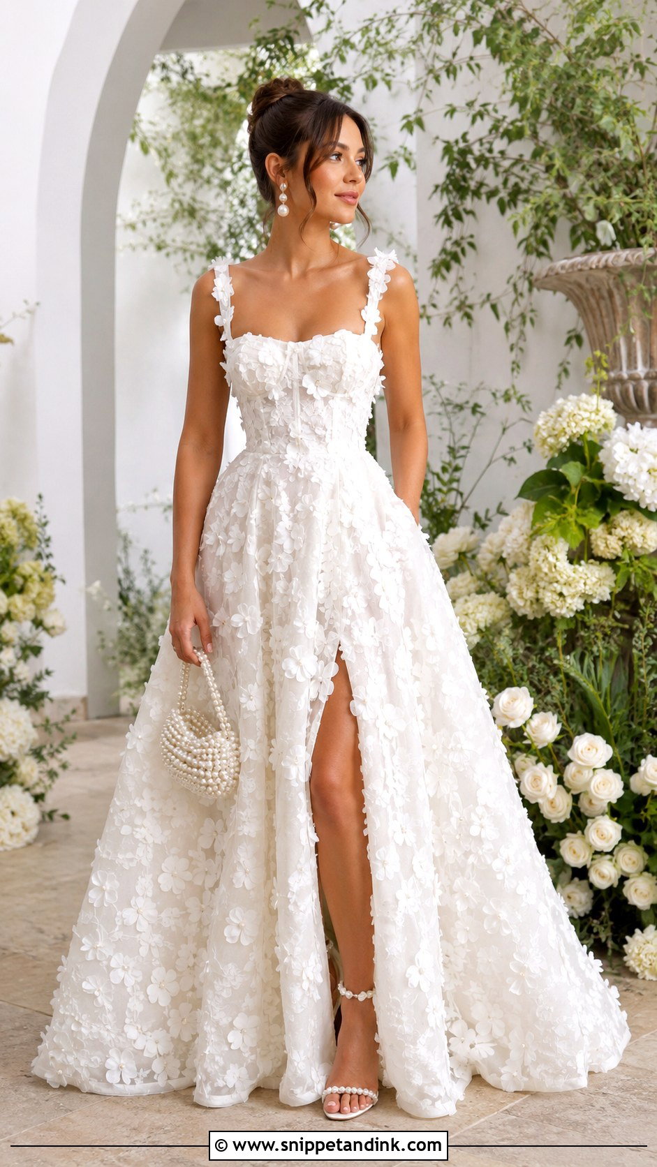 White 3D Floral Ball Gown With Pearl Accessories - Snippet and Ink - 25 White Ball Gown Ideas