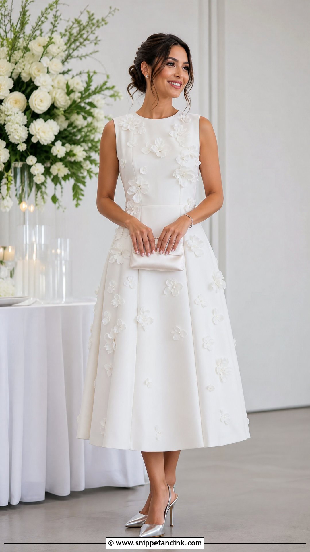 White 3D Floral Dress With Metallic Heels - Snippet and Ink - 20 White Dress Flowers